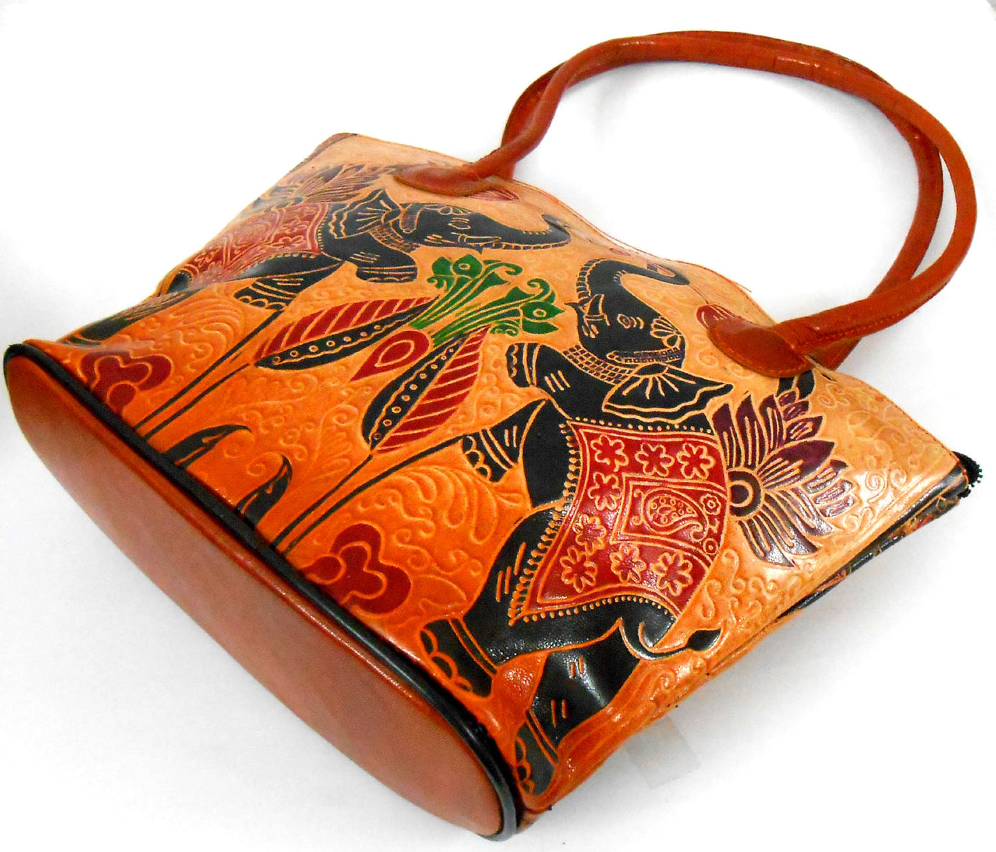 Colorful Jungle Elephants Design Ethnic Hand Embossed 100% Pure Shantiniketan Leather Indian Hand Bag