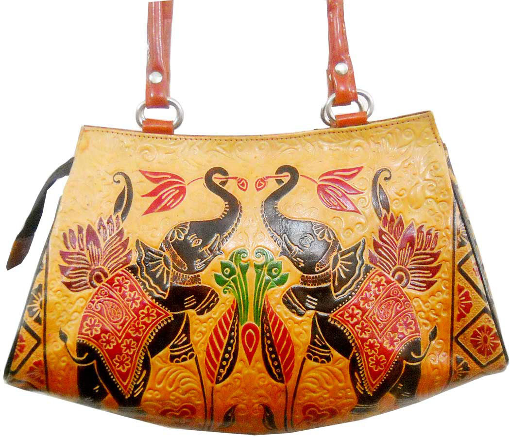 Colorful Jungle Elephants Design Ethnic Hand Embossed 100% Pure Shantiniketan Leather Indian Hand Bag