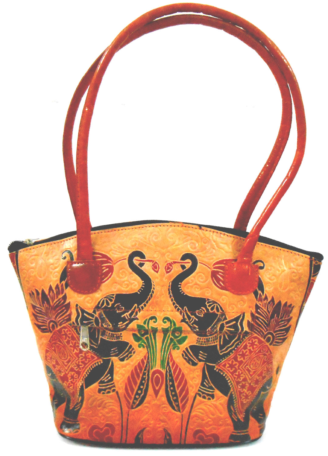 Colorful Jungle Elephants Design Ethnic Hand Embossed 100% Pure Shantiniketan Leather Indian Hand Bag
