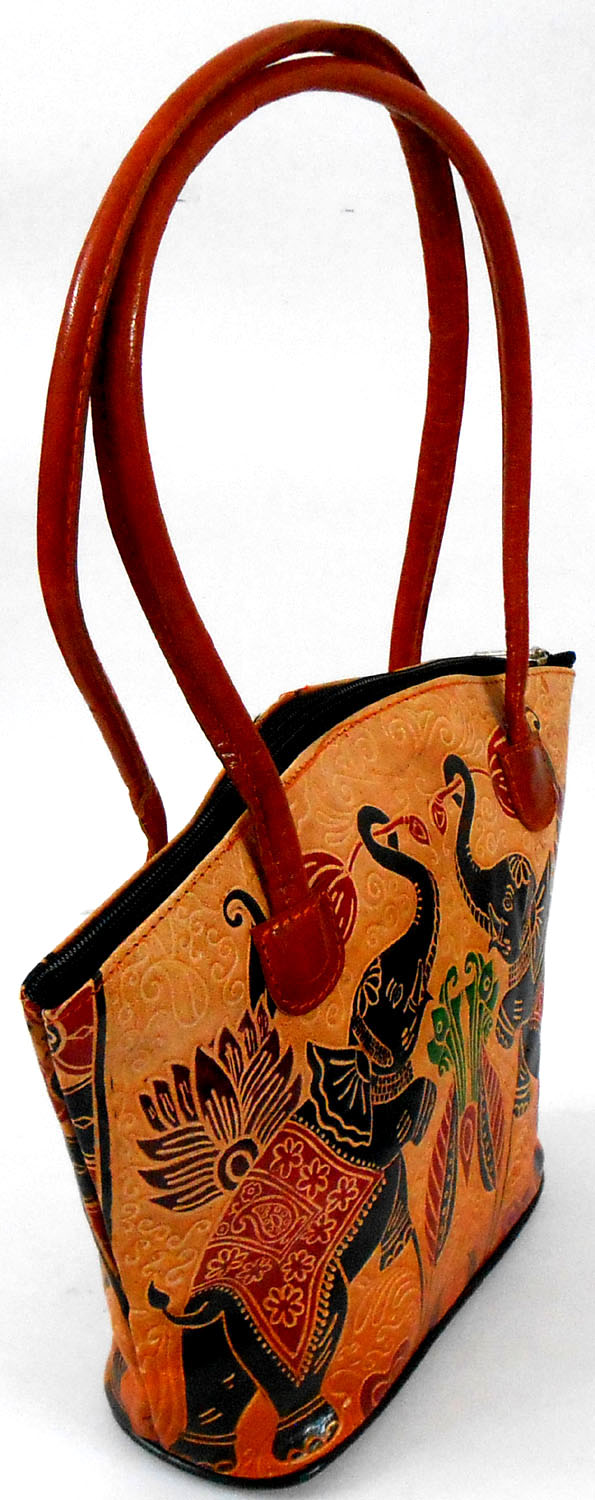Colorful Jungle Elephants Design Ethnic Hand Embossed 100% Pure Shantiniketan Leather Indian Hand Bag