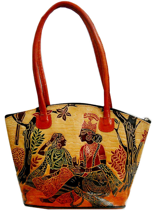 Divine Lovers Radha Krishna Design Ethnic Hand Embossed 100% Pure Shantiniketan Leather Indian Hand Bag