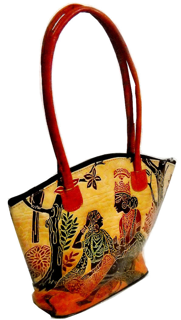 Divine Lovers Radha Krishna Design Ethnic Hand Embossed 100% Pure Shantiniketan Leather Indian Hand Bag