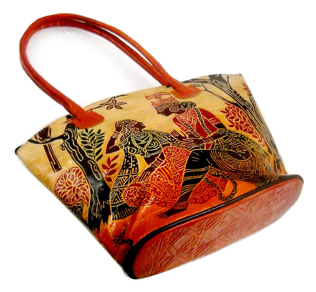 Divine Lovers Radha Krishna Design Ethnic Hand Embossed 100% Pure Shantiniketan Leather Indian Hand Bag