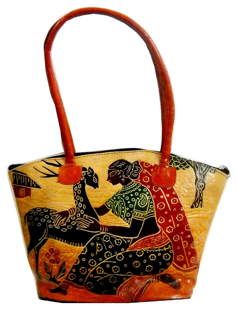 Shankuntala Loving Deer Design Ethnic Hand Embossed 100% Pure Shantiniketan Leather Indian Hand Bag