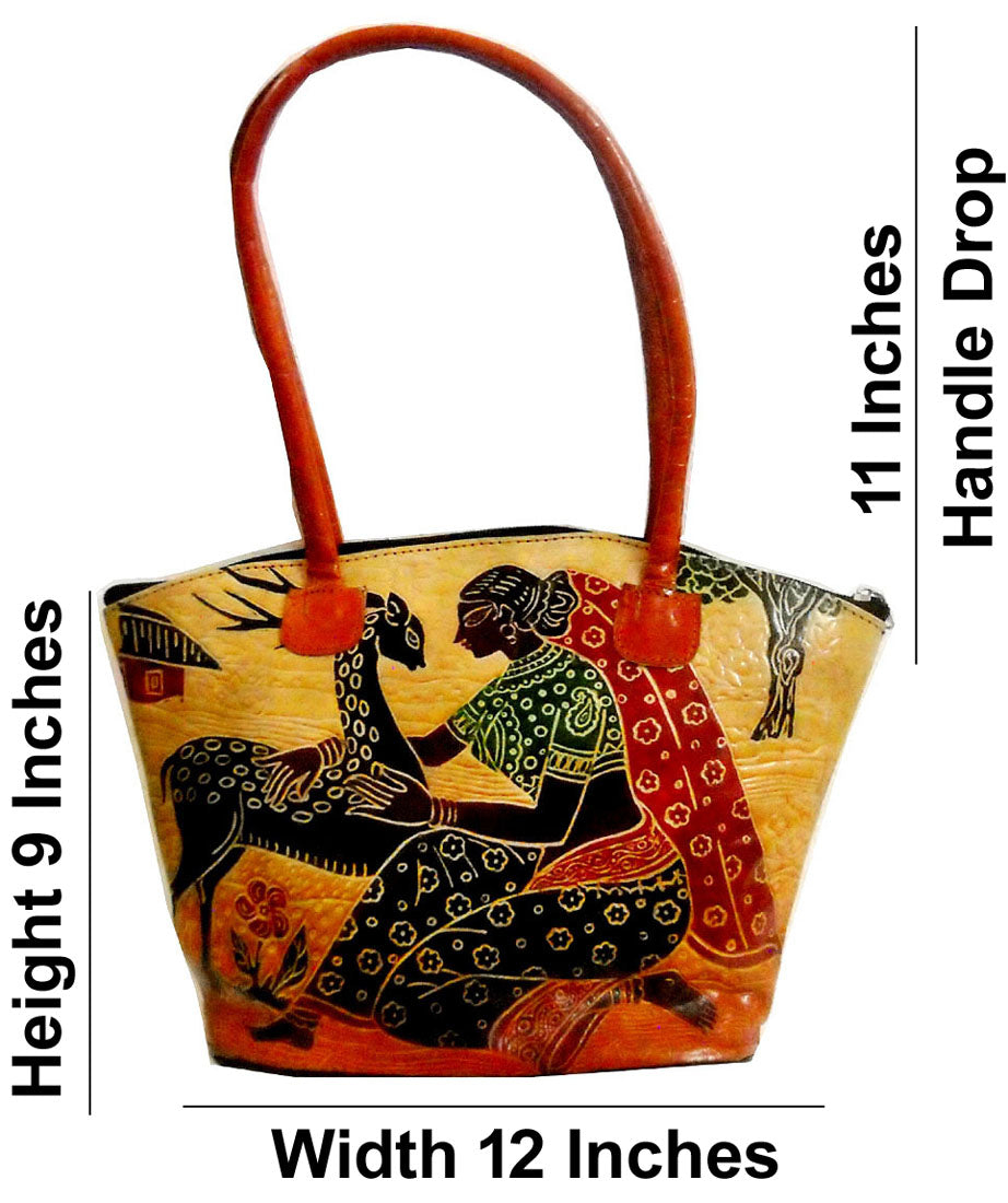 Shankuntala Loving Deer Design Ethnic Hand Embossed 100% Pure Shantiniketan Leather Indian Hand Bag