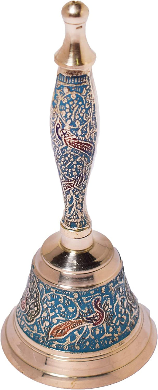 Crafts of India Meenakari Decorative Hand held Jingle Bells for Christmas Pooja Prayer Worship Bell - (7 Inch) - Blue