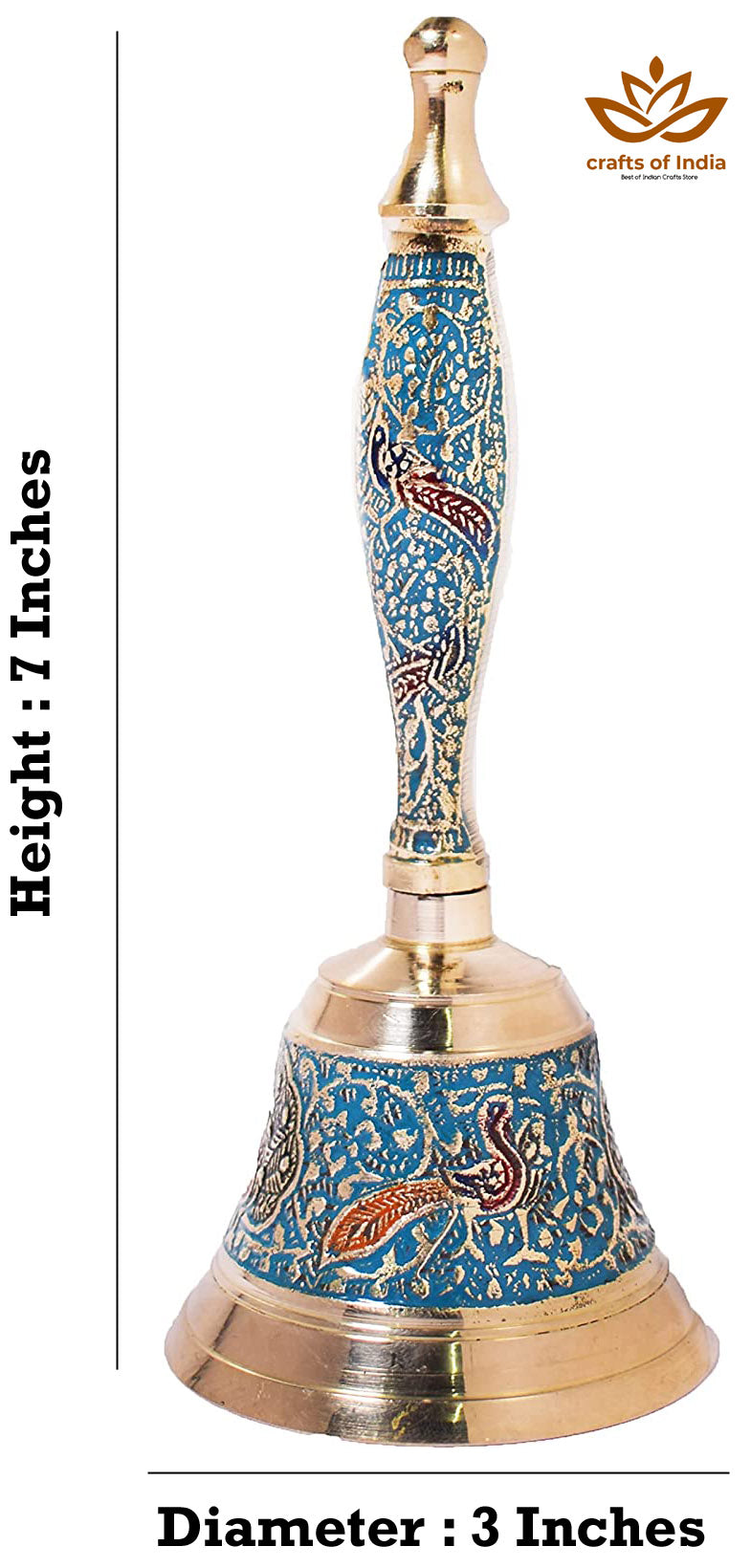 Crafts of India Meenakari Decorative Hand held Jingle Bells for Christmas Pooja Prayer Worship Bell - (7 Inch) - Blue