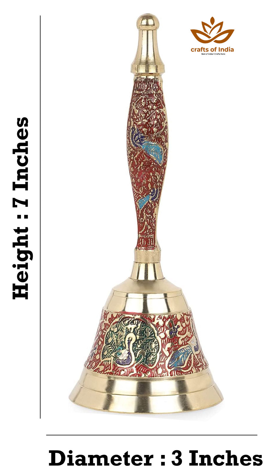 Crafts of India Meenakari Decorative Hand held Jingle Bells for Christmas Pooja Prayer Worship Bell - (7 Inch) - Red