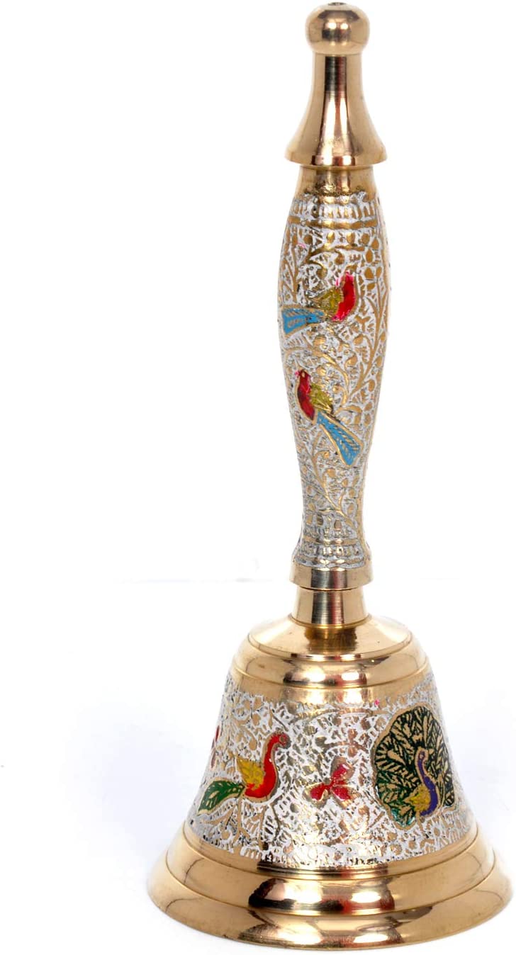 Crafts of India Meenakari Decorative Hand held Jingle Bells for Christmas Pooja Prayer Worship Bell - (7 Inch) - White