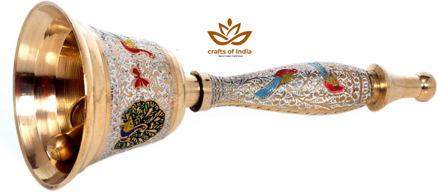 Crafts of India Meenakari Decorative Hand held Jingle Bells for Christmas Pooja Prayer Worship Bell - (7 Inch) - White