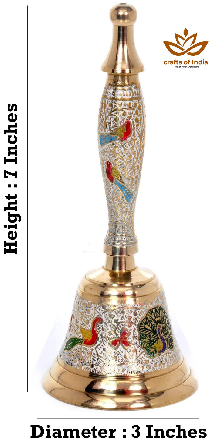 Crafts of India Meenakari Decorative Hand held Jingle Bells for Christmas Pooja Prayer Worship Bell - (7 Inch) - White