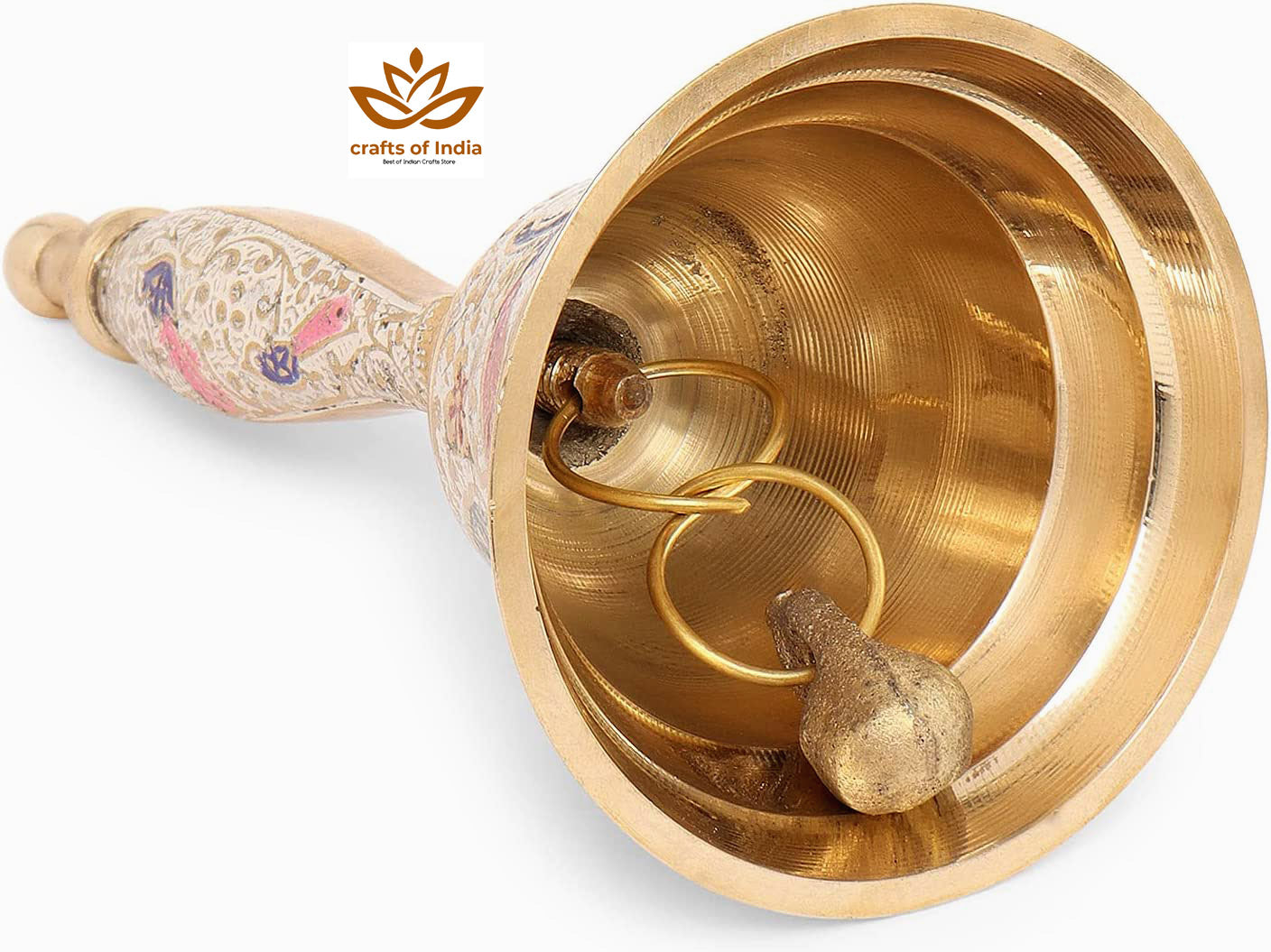 Crafts of India Meenakari Decorative Hand held Jingle Bells for Christmas Pooja Prayer Worship Bell - (7 Inch) - White