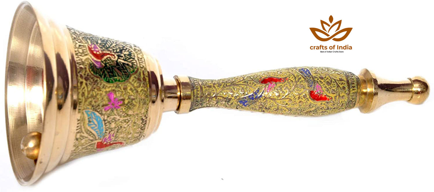 Crafts of India Meenakari Decorative Hand held Jingle Bells for Christmas Pooja Prayer Worship Bell - (7 Inch) - Yellow