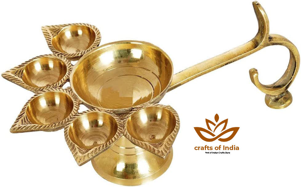 Crafts of India Handheld Brass Panch Diya / Oil Lamp for Puja Aarti for Diwali/Navratri Festival & Pooja
