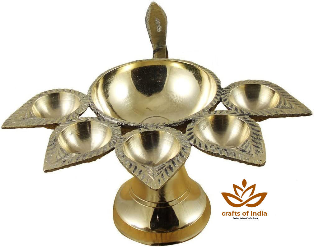 Crafts of India Handheld Brass Panch Diya / Oil Lamp for Puja Aarti for Diwali/Navratri Festival & Pooja