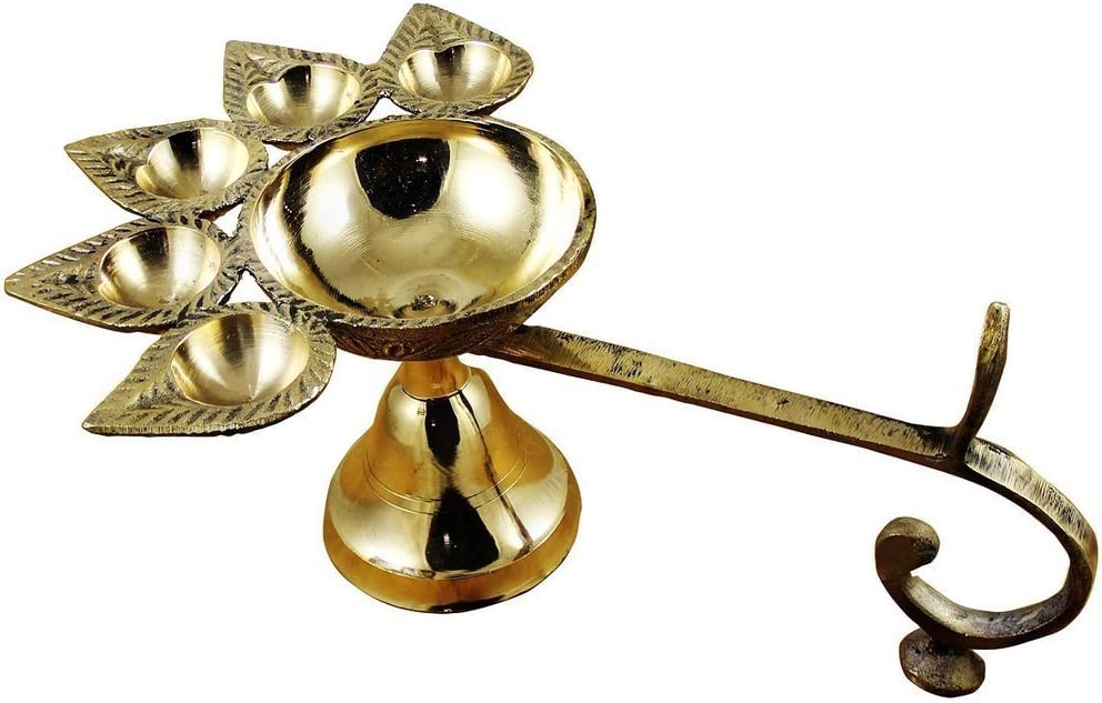 Crafts of India Handheld Brass Panch Diya / Oil Lamp for Puja Aarti for Diwali/Navratri Festival & Pooja