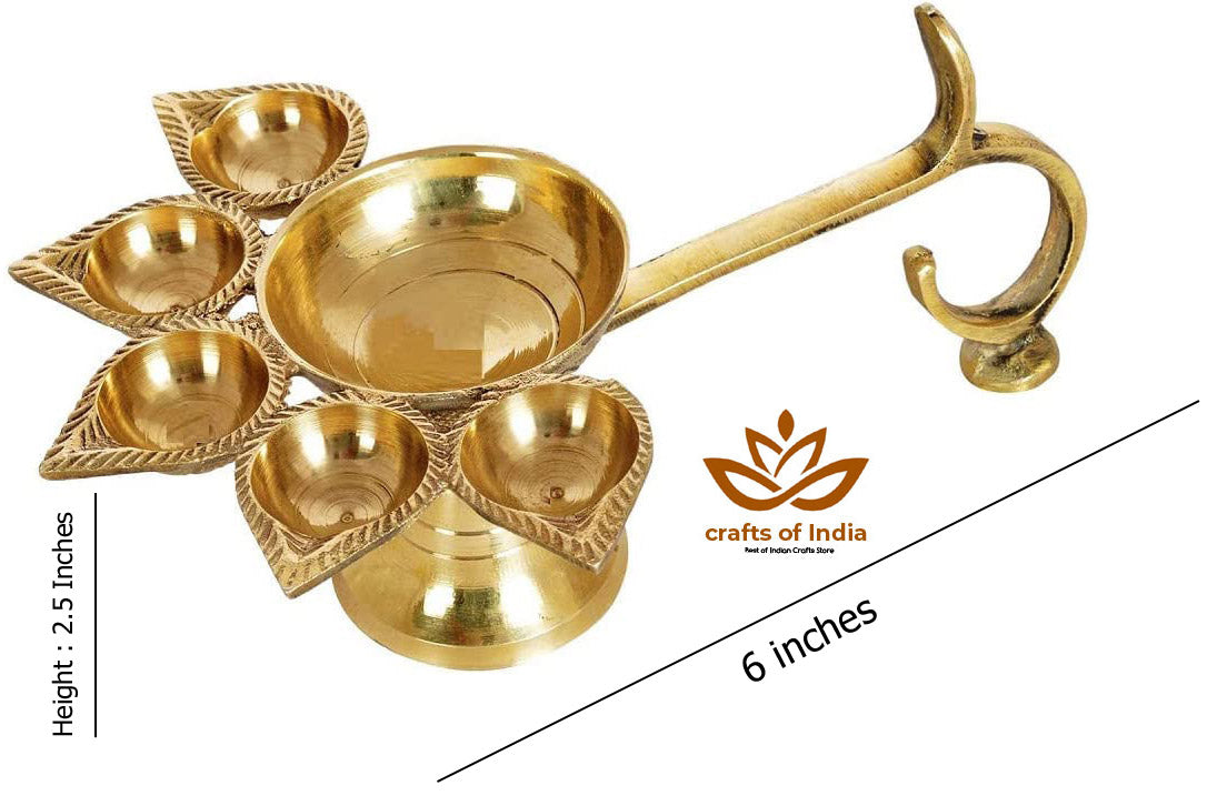 Crafts of India Handheld Brass Panch Diya / Oil Lamp for Puja Aarti for Diwali/Navratri Festival & Pooja