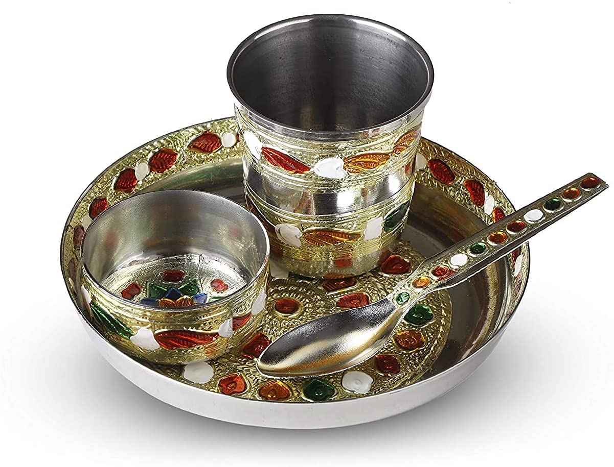 Crafts of India Meenakari Bhog Thali Set for Kanha Thakur ji Indian Hindu God Rituals Puja Plate. Set of 4 Pieces, (Plate, Katori, Glass, Spoon)