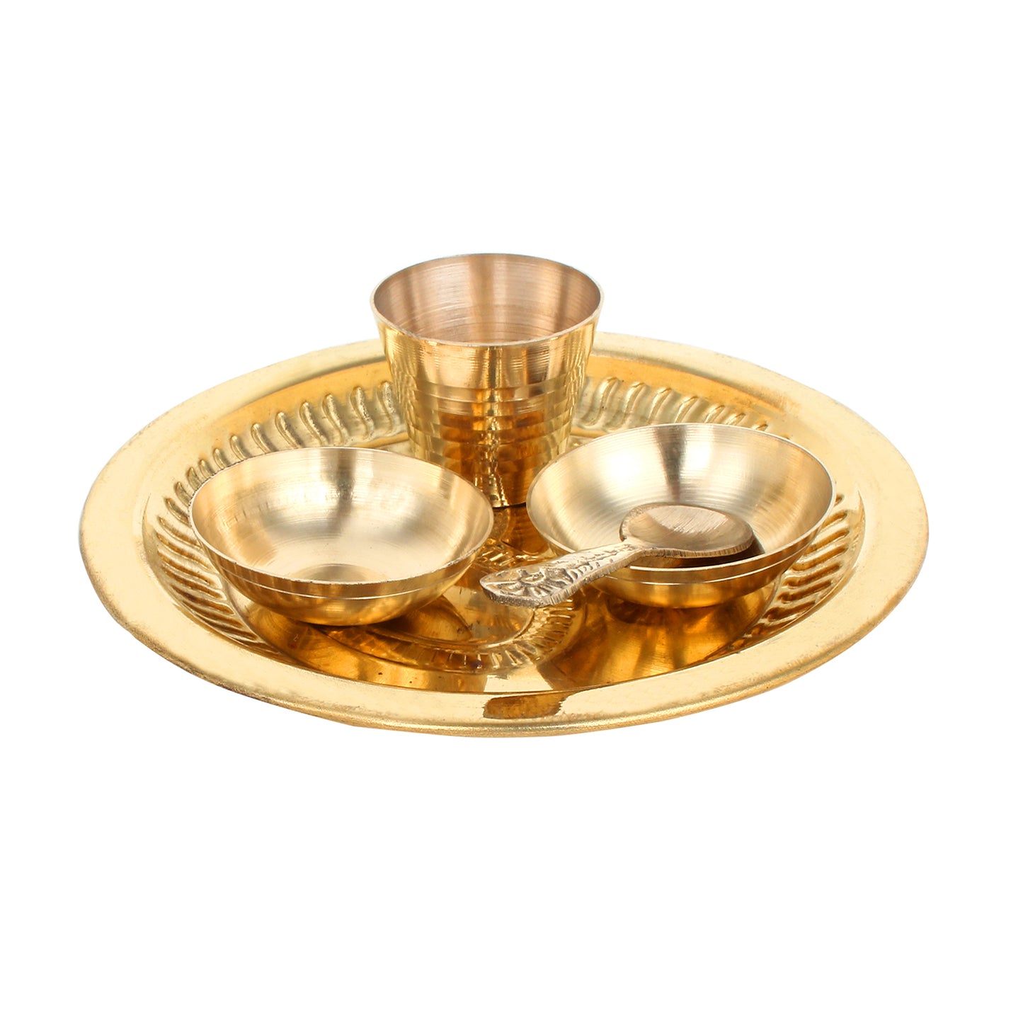 Crafts of India Aum/ Om Prasad Bhog Thali Indian Hindu God Rituals Puja Plate Set of 4 Pieces, (Plate, Katori, Glass, Spoon) for Offering Bhog Prasad