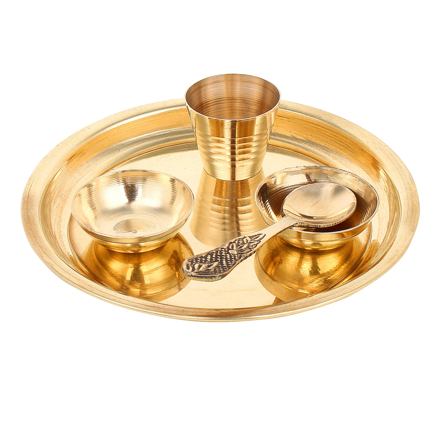 Crafts of India Prasad Bhog Thali Indian Hindu God Rituals Puja Plate. Set of 5 Pieces, (Plate, Katori, Glass, Spoon) for Offering Bhog Prasad to Thakur Ji