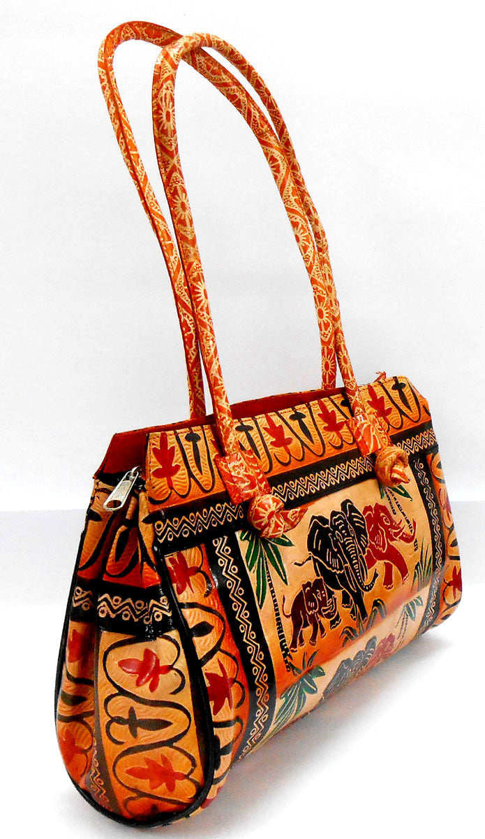 Jungle Elephants Design Ethnic Hand Embossed Shantiniketan Leather Indian Shoulder Bag