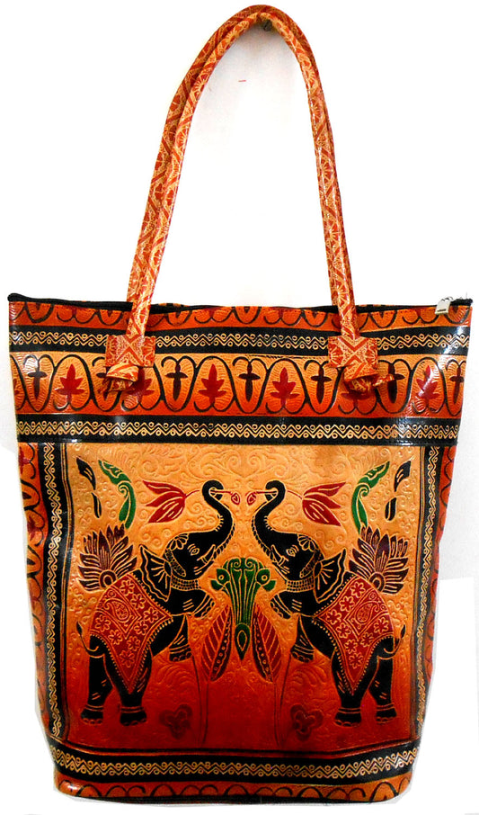 Twin Royal Elephants Design Ethnic Hand Embossed Shantiniketan Leather Indian Shopping Bag