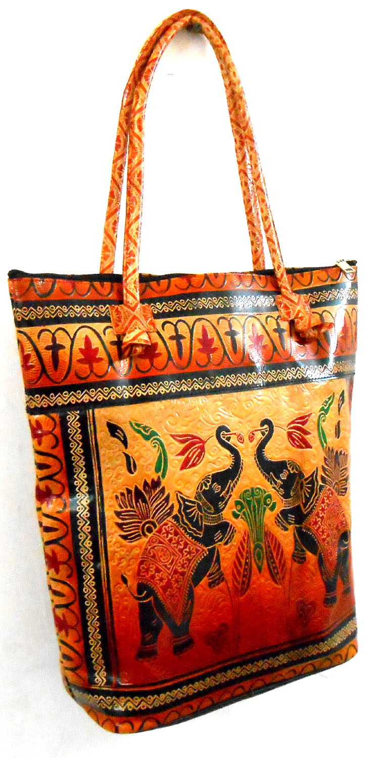Twin Royal Elephants Design Ethnic Hand Embossed Shantiniketan Leather Indian Shopping Bag