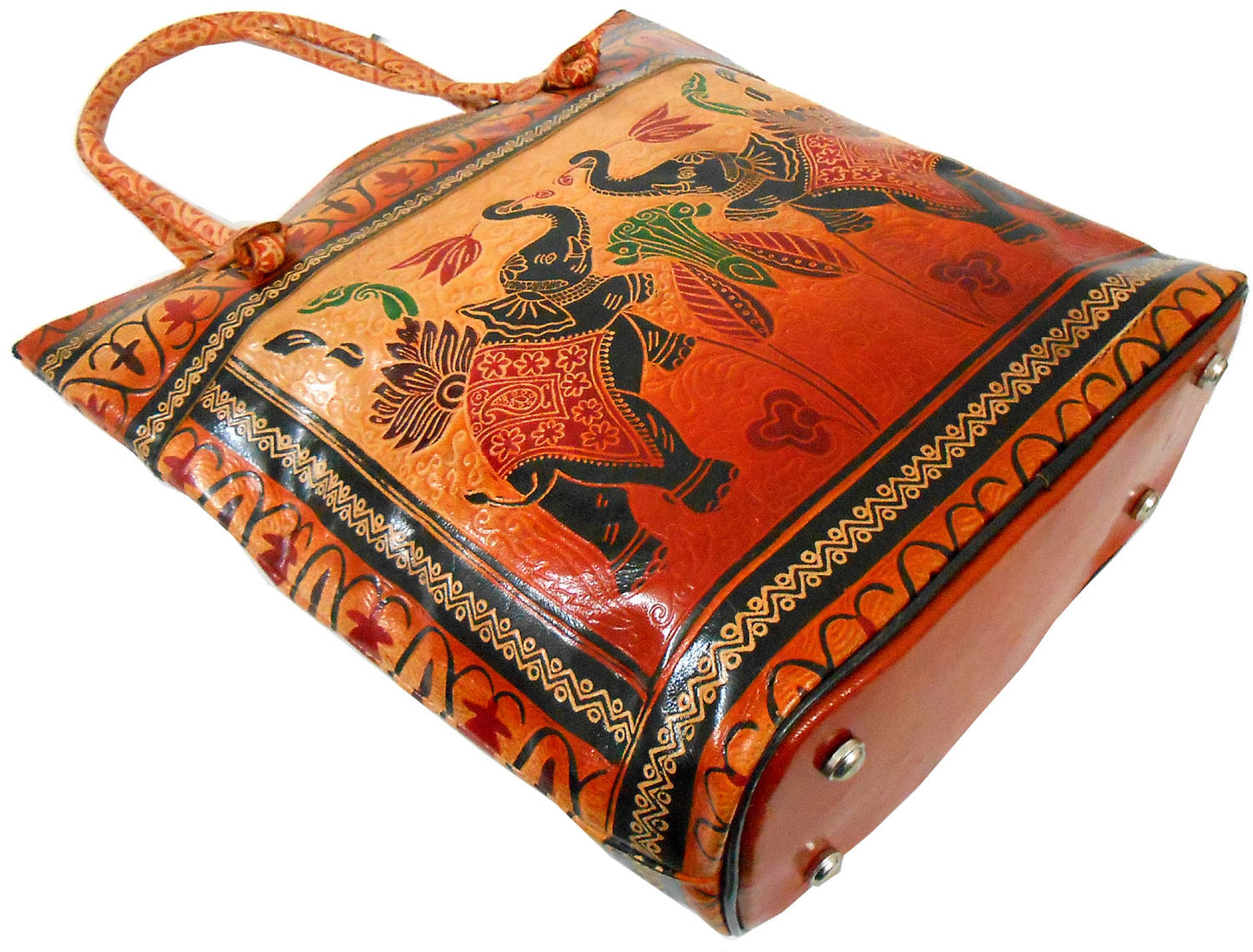 Twin Royal Elephants Design Ethnic Hand Embossed Shantiniketan Leather Indian Shopping Bag