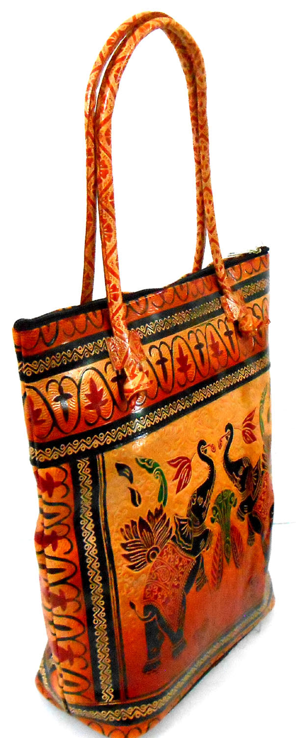 Twin Royal Elephants Design Ethnic Hand Embossed Shantiniketan Leather Indian Shopping Bag