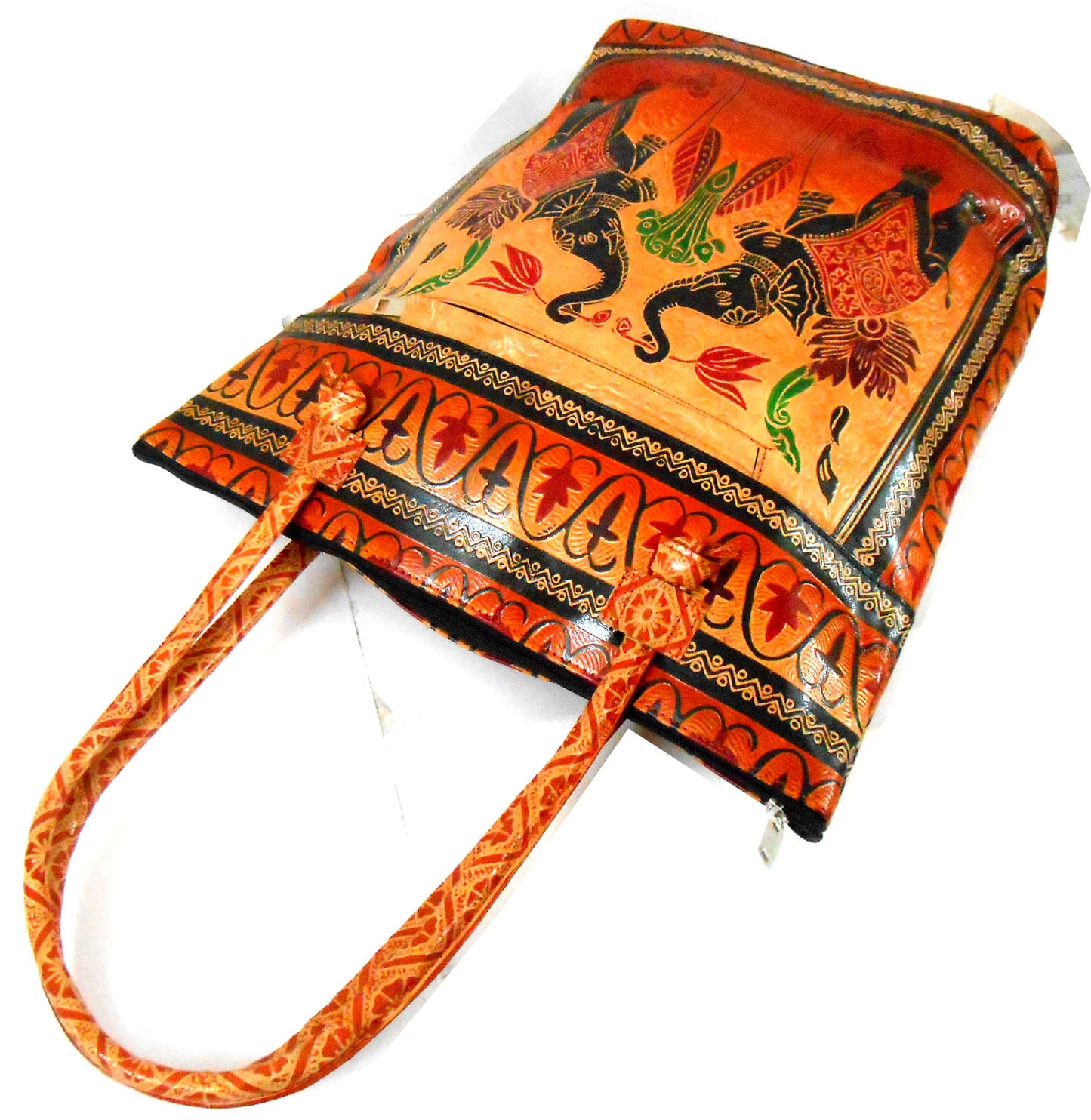Twin Royal Elephants Design Ethnic Hand Embossed Shantiniketan Leather Indian Shopping Bag