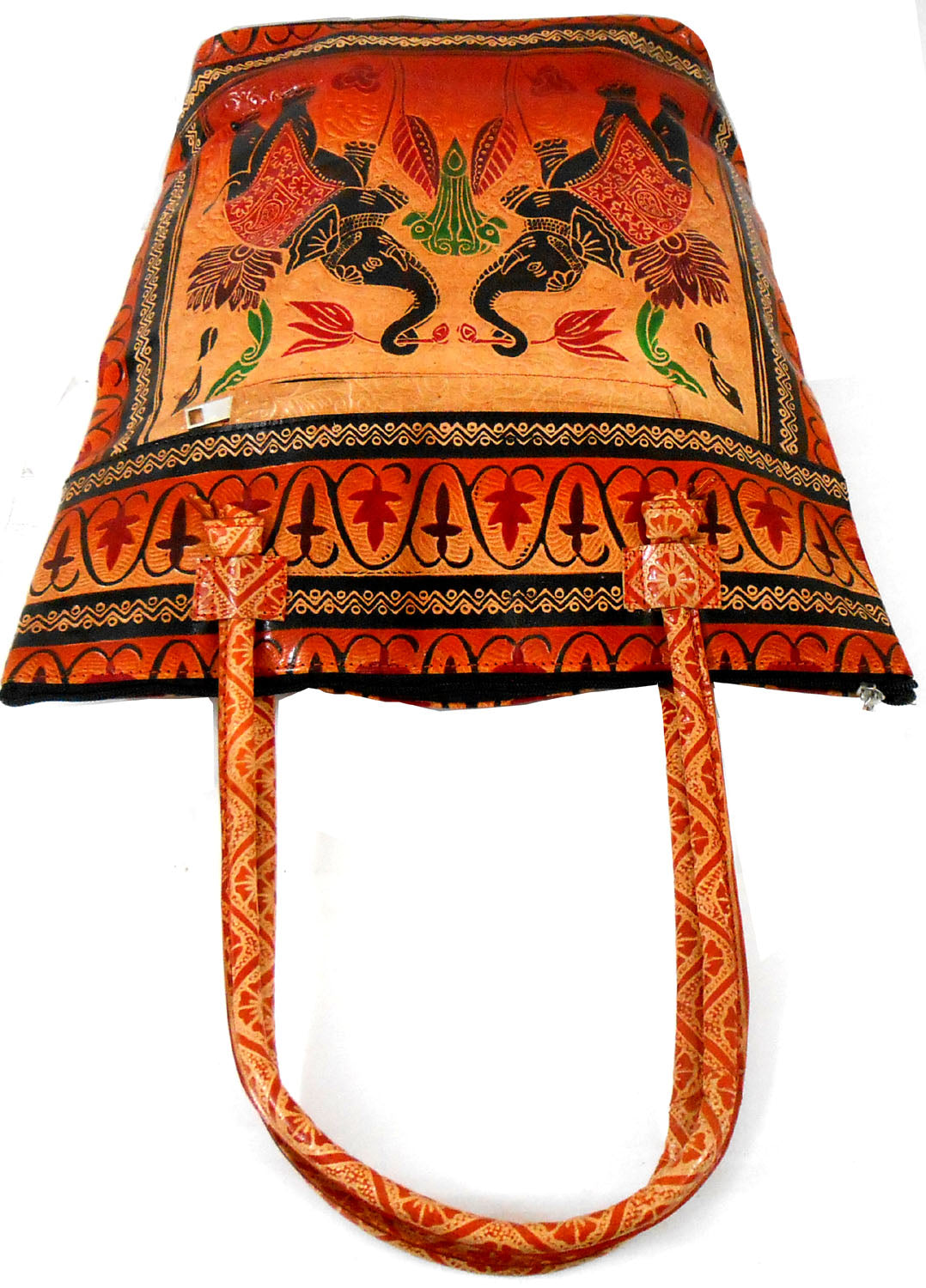 Twin Royal Elephants Design Ethnic Hand Embossed Shantiniketan Leather Indian Shopping Bag