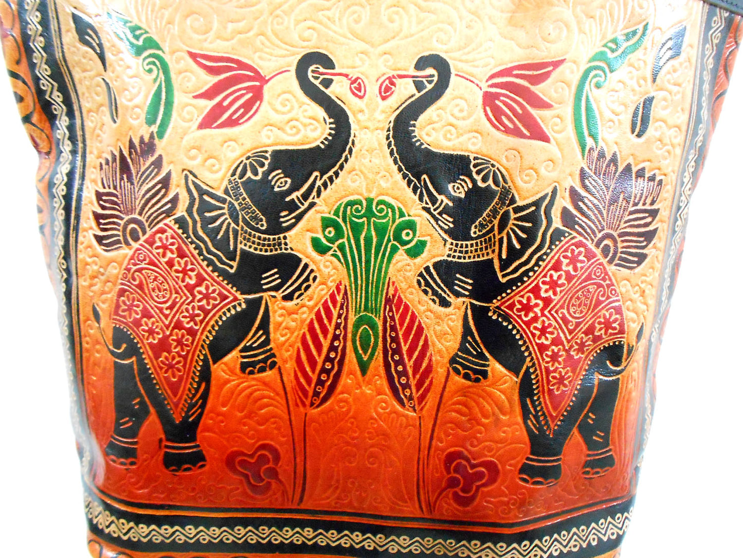 Twin Royal Elephants Design Ethnic Hand Embossed Shantiniketan Leather Indian Shopping Bag