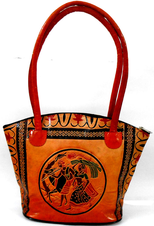 Indian Farmers Design Ethnic Hand Embossed Shantiniketan Leather Indian Hand Bag