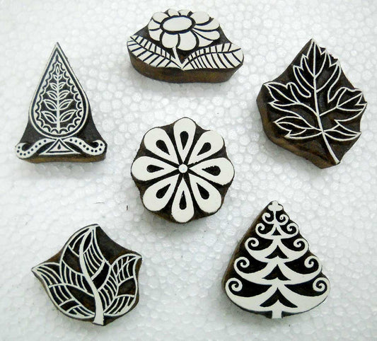 Lot of Six Floral and Leaves Design Wooden Block Stamps/Tattoo/Indian Textile Printing Blocks