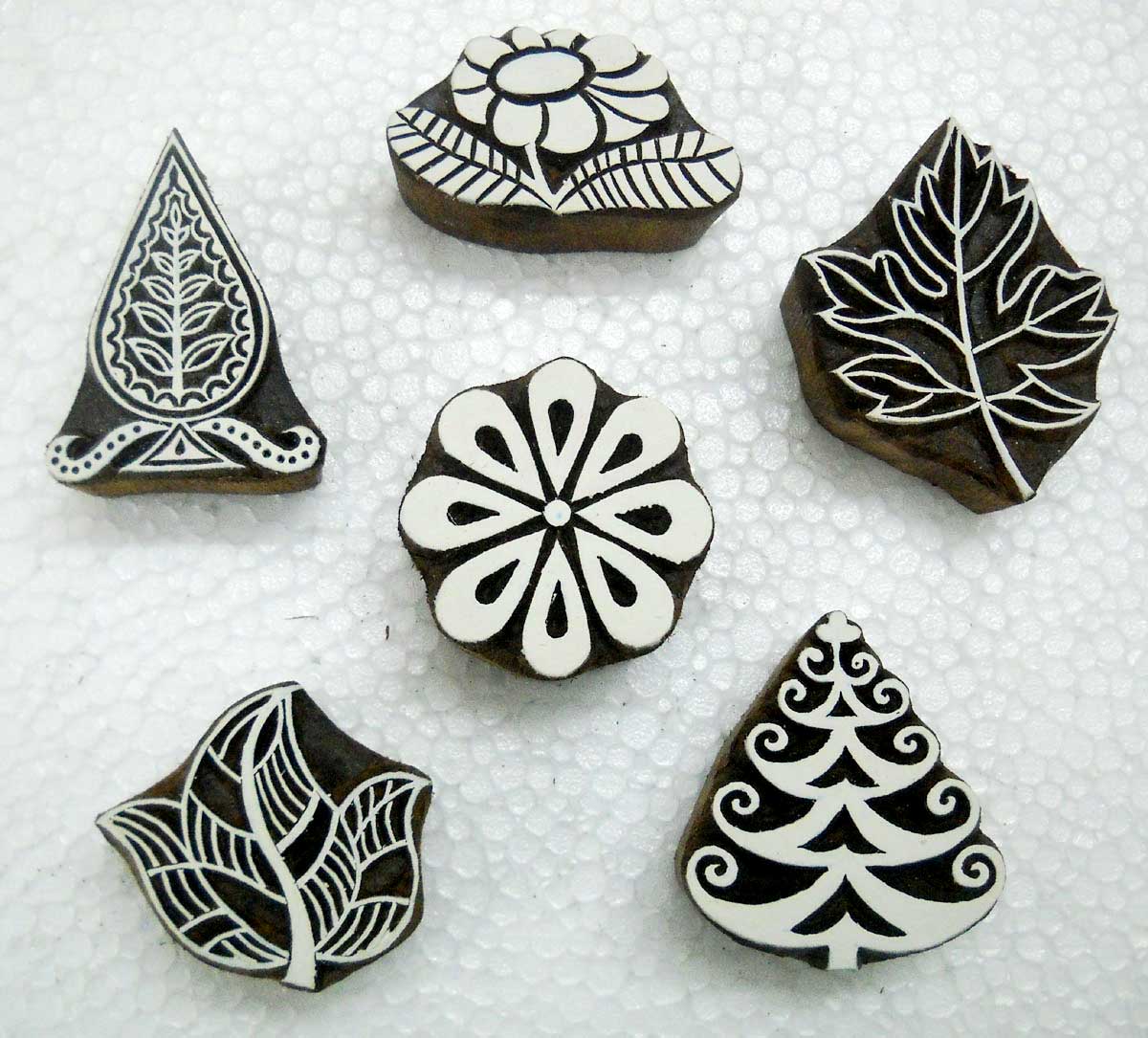 Lot of Six Floral and Leaves Design Wooden Block Stamps/ Tattoo/ Indian Textile Printing Blocks