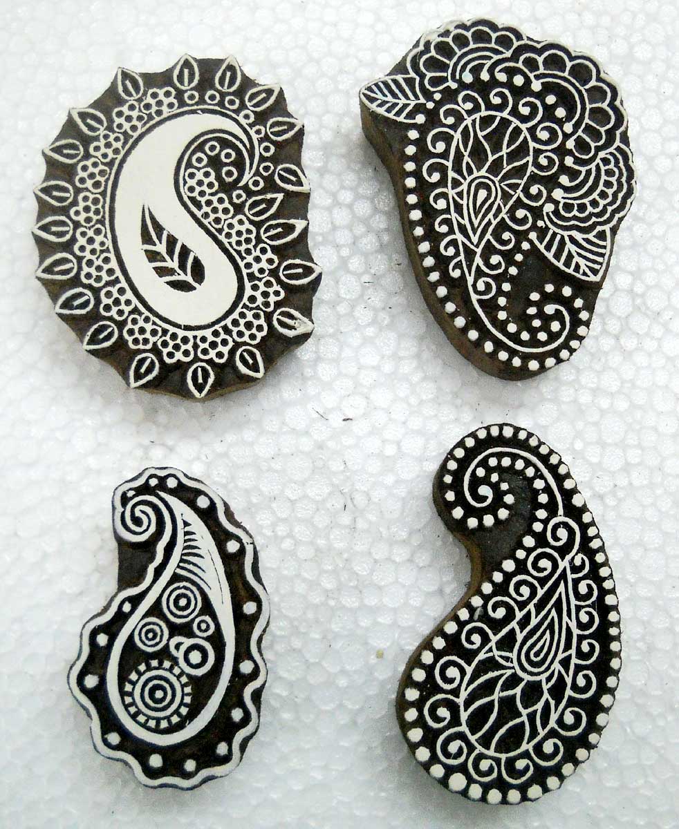 Lot of Four Exotic Paisley Design Wooden Block Stamps/Tattoo/Indian Textile Printing Blocks
