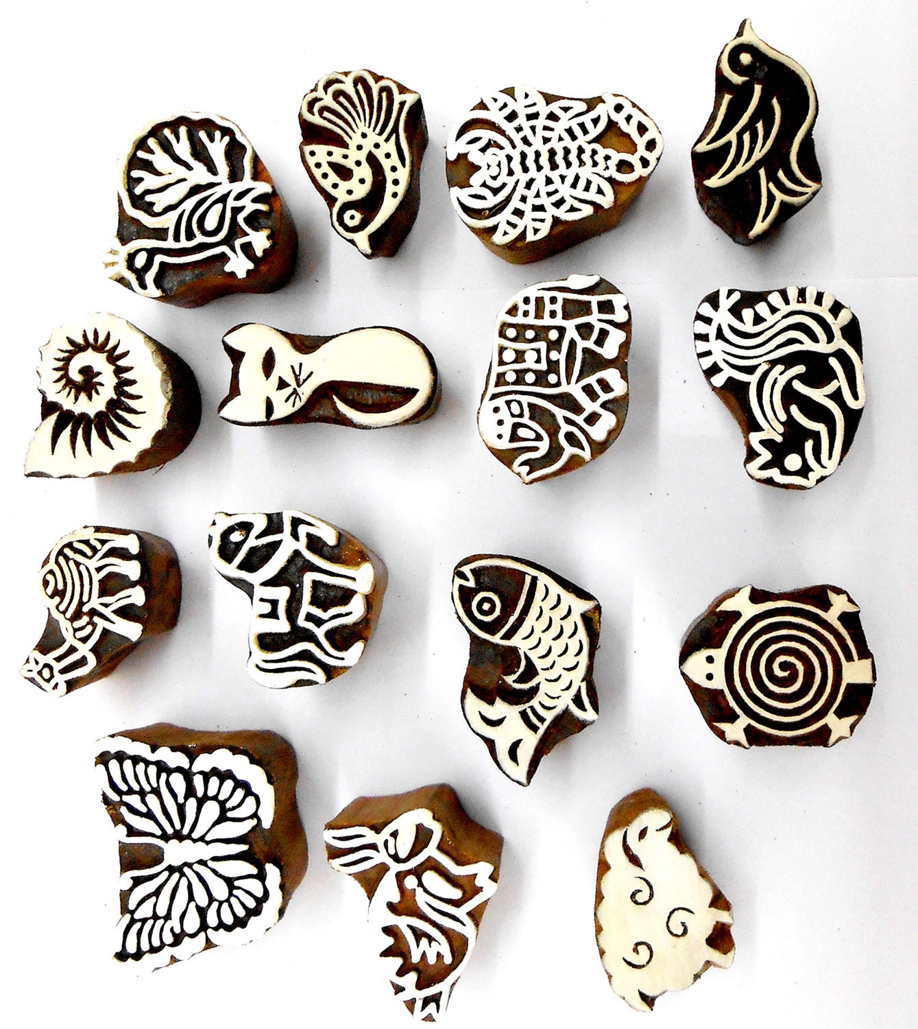 Crafts of India Animals and Birds Wooden Blocks for Stamping, Block Printing on Textiles, Pottery Crafts, Henna, Scrapbooking, Wall Painting (Set of 15)