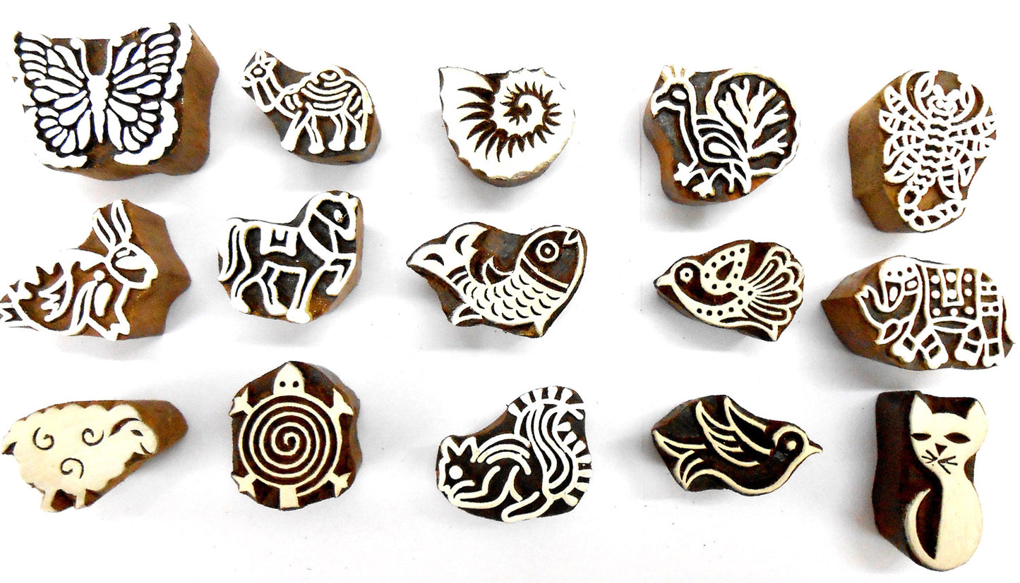 Crafts of India Animals and Birds Wooden Blocks for Stamping, Block Printing on Textiles, Pottery Crafts, Henna, Scrapbooking, Wall Painting (Set of 15)