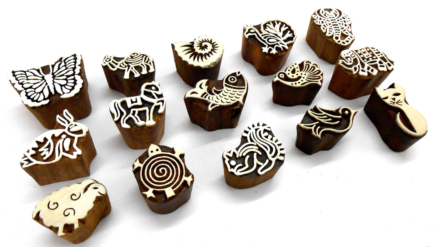 Crafts of India Animals and Birds Wooden Blocks for Stamping, Block Printing on Textiles, Pottery Crafts, Henna, Scrapbooking, Wall Painting (Set of 15)