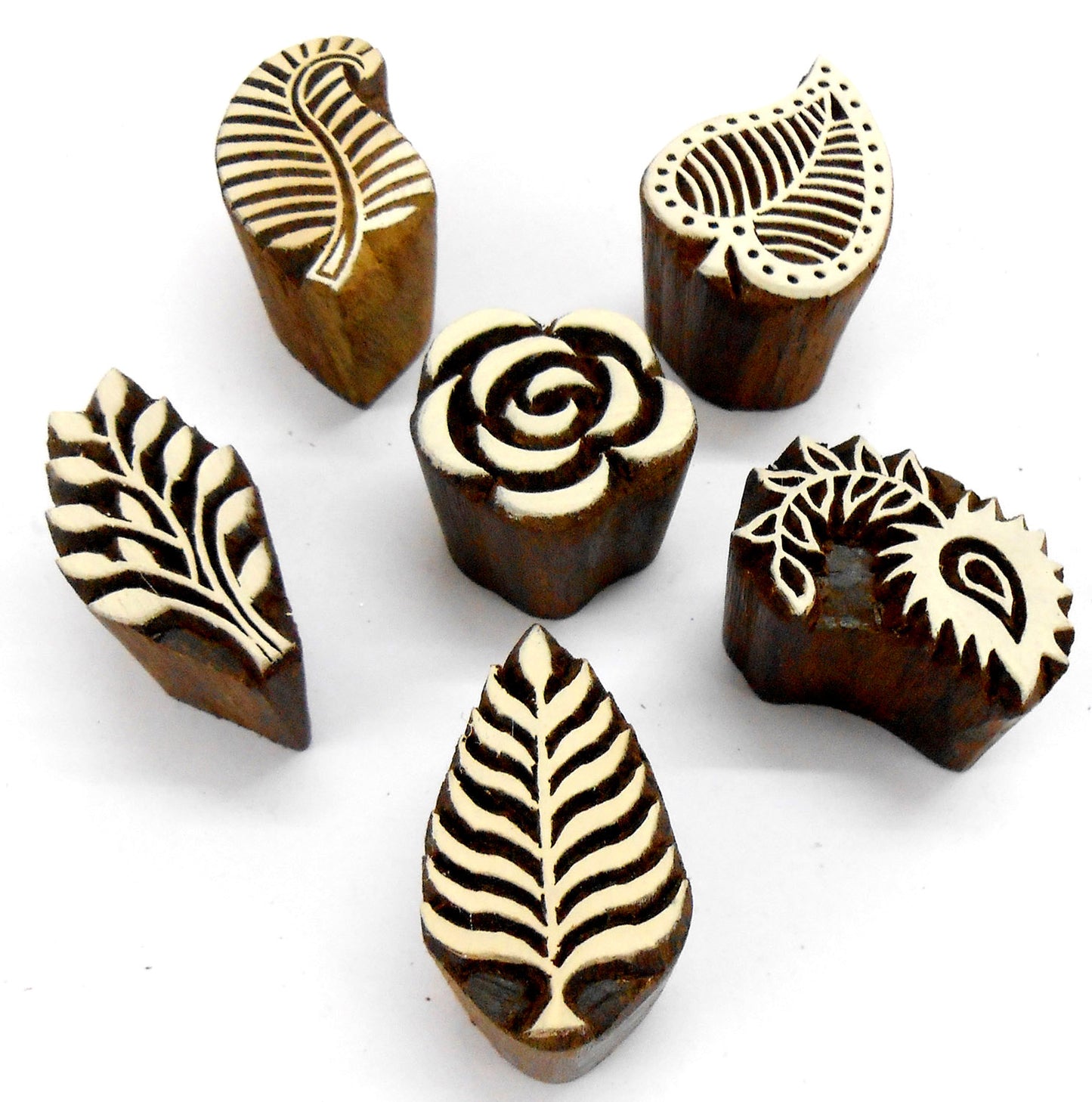 Crafts of India Flowers and Leaf Wooden Blocks Stamps for Printing on Textiles, Henna, Scrapbooking (Set of 5)