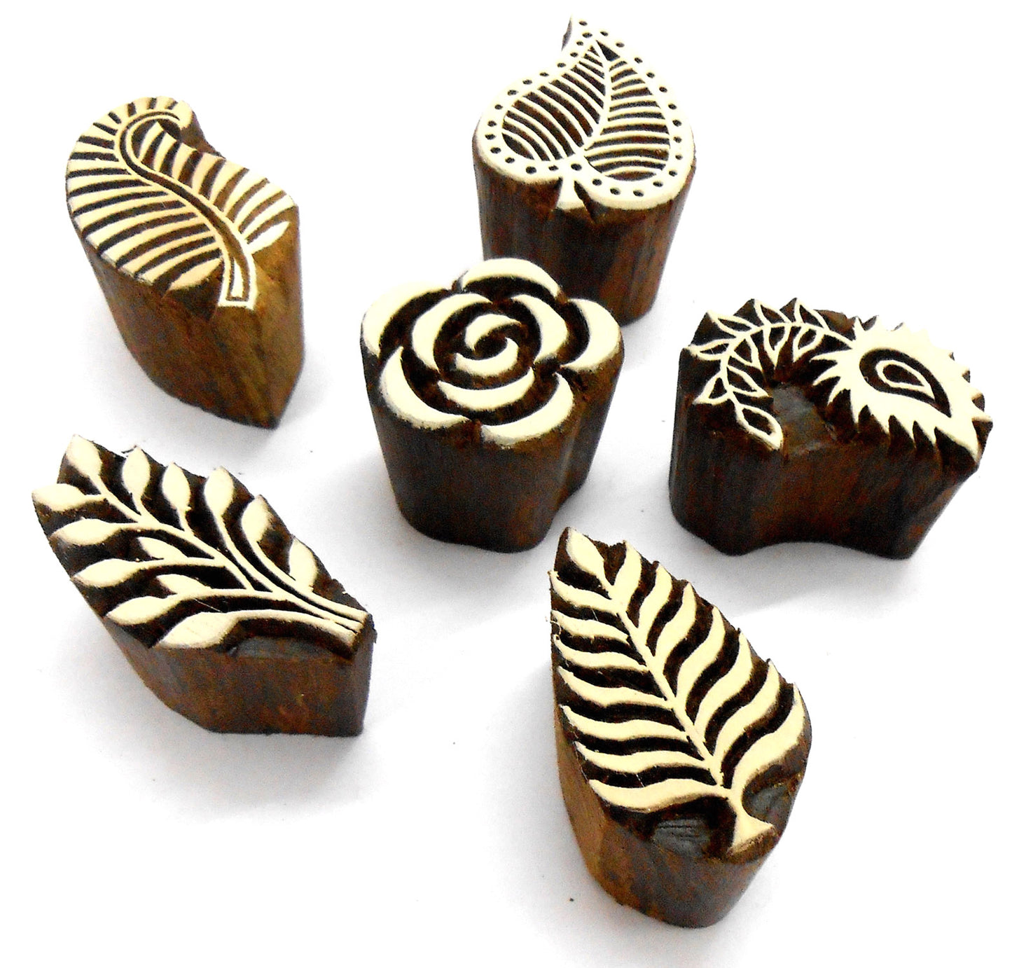 Crafts of India Flowers and Leaf Wooden Blocks Stamps for Printing on Textiles, Henna, Scrapbooking (Set of 5)