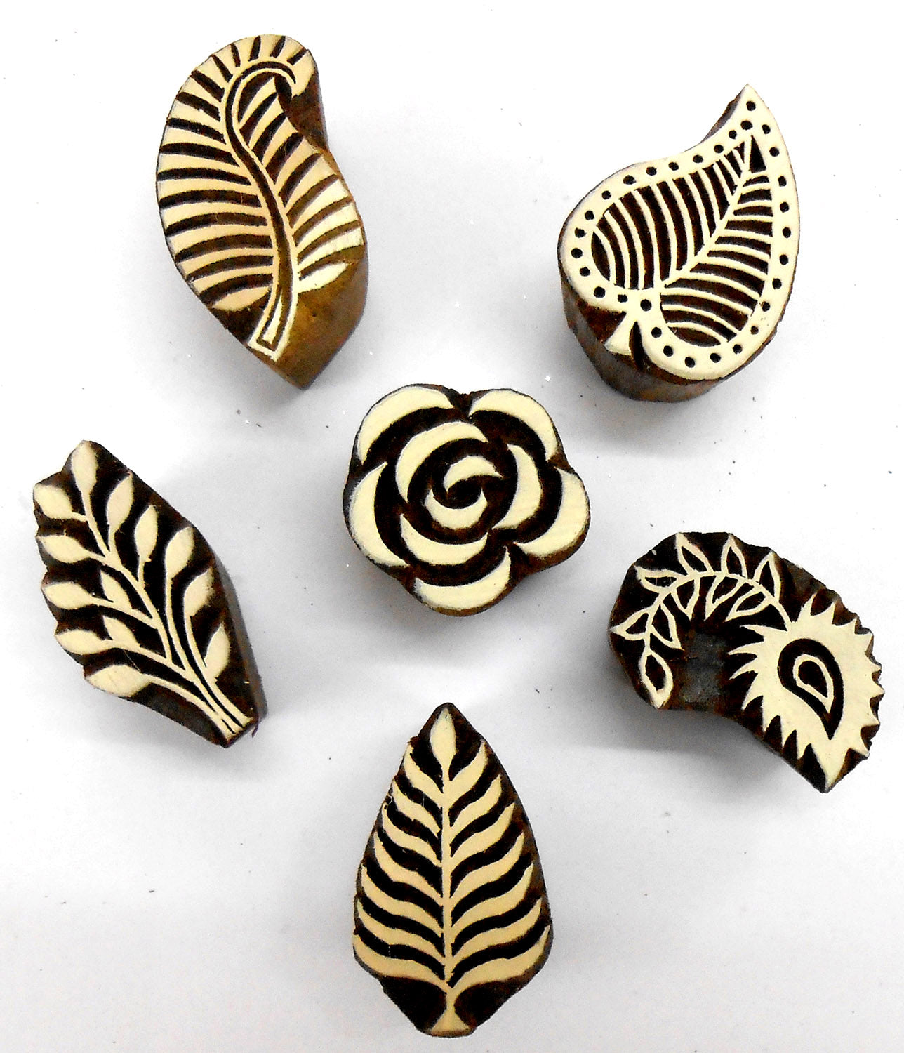 Crafts of India Flowers and Leaf Wooden Blocks Stamps for Printing on Textiles, Henna, Scrapbooking (Set of 5)