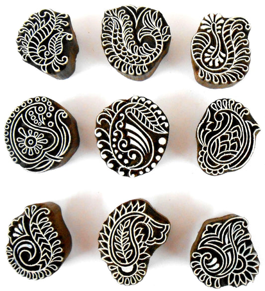 Crafts of India Stylish Paisley Wooden Blocks for Stamping, Block Printing on Textiles, Henna, Scrapbooking, Wall Painting (Set of 9)