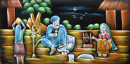 Indian Village Scene depicting Blacksmith/ Traditonal Indian painting Wall Décor on Velvet Fabric: Size - 24"x48" Inches