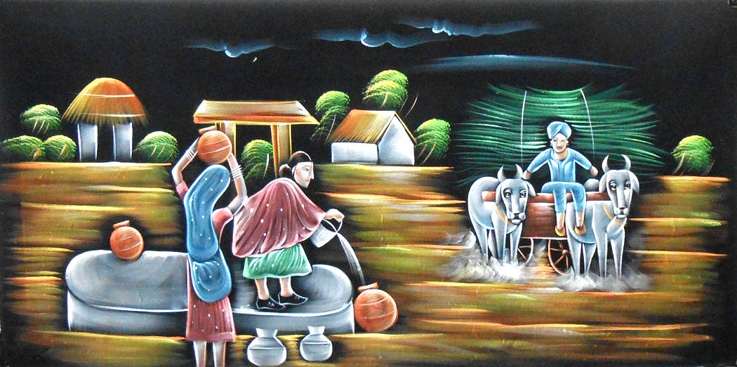 Village of India/ Velvet Indian painting Wall Décor on Velvet Fabric: Size - 24"x 48" Inches