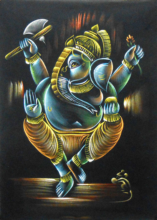 Dancing Ganesha/ Spiritual Indian God painting Wall Décor on Velvet Fabric: Size - 19"x27" Inches