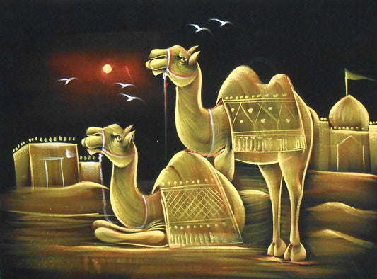 Pair of Camels/ Traditional Indian painting Wall Décor on Velvet Fabric: Size - 19"x27" Inches