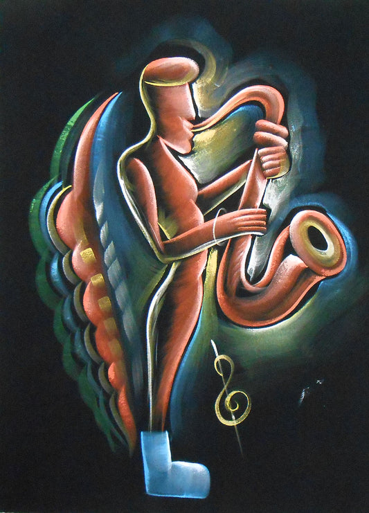 Blowing the Trumpet/Abstract Indian painting Wall Décor on Velvet Fabric: Size - 19"x27" Inches