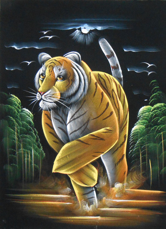 Tiger in search of Prey/ Animal Indian Oil painting Wall Décor on Velvet Fabric: Size - 19"x27" Inches