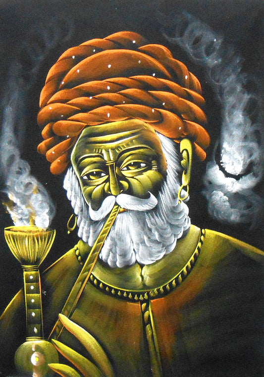 Rajasthani Man enjoying Hookah/ Indian painting Wall Décor on Velvet Fabric: Size - 19"x27" Inches